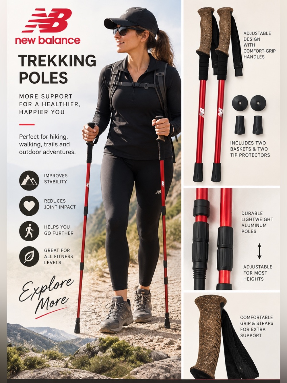 New Balance Adjustable Trekking Poles – Lightweight Aluminum Hiking Walking Pole
